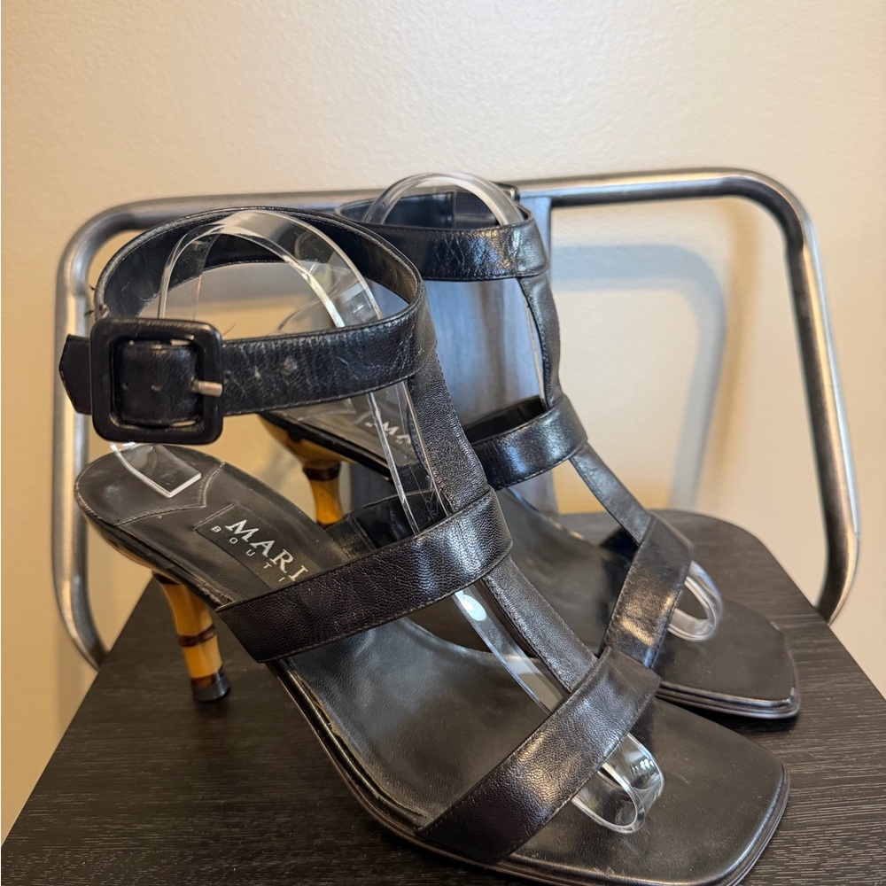 Mariana Black Strappy High-Heel Sandals with Brown Accent
